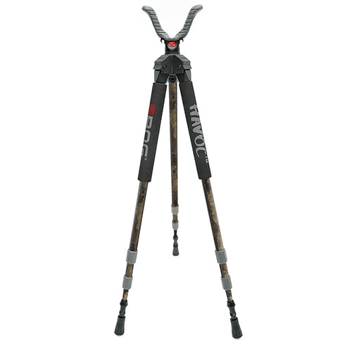 The BOG Havoc Shooting Stick Tripod offers lightweight portability, durable camo design, quick twist-style leg deployment, and 360-degree shooting comfort.