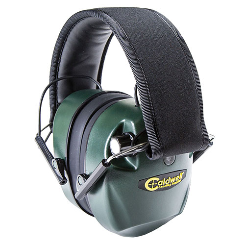 Caldwell E-Max Electronic Earmuffs offer low-profile design, dual microphones for sound amplification below 85 dB, and hearing protection above 85 dB.
