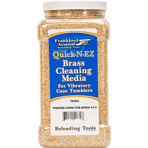 Frankford Arsenal's Treated Corn Cob Media offers superior polishing with added brass polish, ensuring your brass cases are clean and shiny in a reusable container.