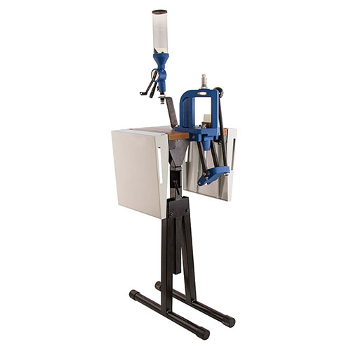 Maximise your space with the Frankford Arsenal Platinum Series Reloading Stand; foldable design, durable wood center for tools, and side shelves for versatility.