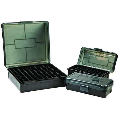 The Frankford Arsenal Hinge-Top Ammo Box features a strong mechanical hinge, is stackable, allows for ID labeling, and opens flat, perfect for .270, .300, and .325 WSM.