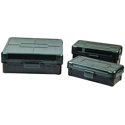 The Frankford Arsenal Hinge-Top Ammo Box features a strong mechanical hinge, is stackable, allows for ID labeling, and opens flat, ideal for .204Rug, .223 Rem, and .300BLK.