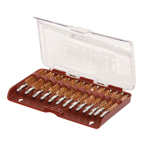 The Tipton 13 Piece Bronze Bristle Rifle Bore Brush Set offers caliber-specific brushes in a durable box, featuring premium phosphor bronze for effective cleaning from .17 to .45 caliber.