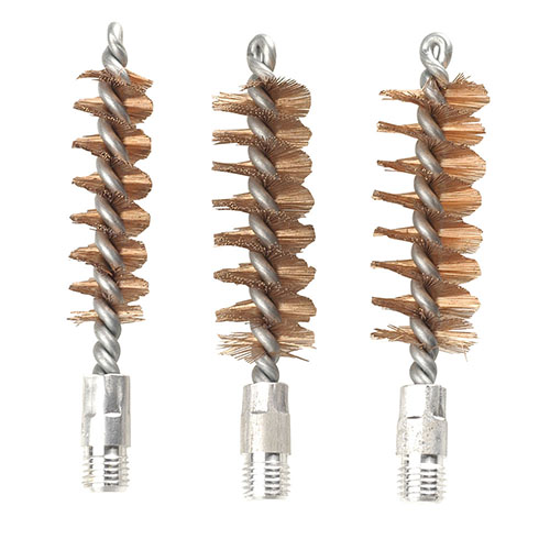 The Tipton 6 Piece Bronze Bristle Shotgun Bore Brush Set offers caliber-specific brushes in a durable box, featuring premium phosphor bronze for effective cleaning.