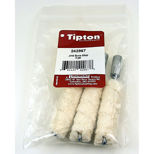 Tipton Bore Mops are 100% cotton, ultra-absorbent, perfect for carrying solvents and lubes into your bore and chamber, ideal for cleaning fouled bores.