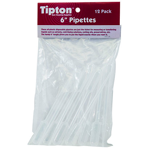 Tipton Pipettes are all-plastic, disposable droppers ideal for precise measurement and transfer of liquids like cold bluing solutions and oils.