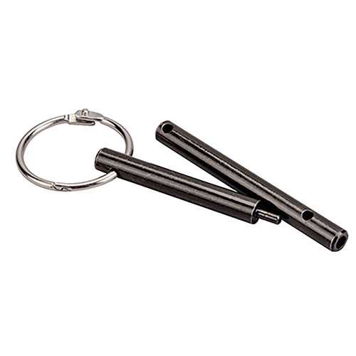 The Wheeler Delta Series AR Pivot Pin/Roll Pin Install Tool simplifies AR-15, M4, and M-16 pivot spring installation, featuring durable black zinc plated steel and a key ring for easy storage.