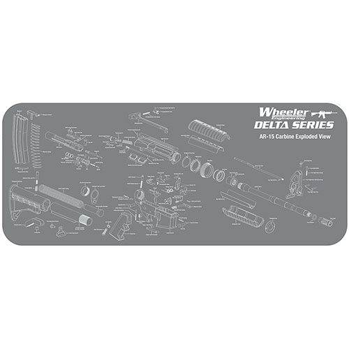 The Wheeler Delta Series AR-15 Maintenance Mat features a padded neoprene surface, non-skid backing, and an exploded view for easy part identification, keeping your workspace clean.