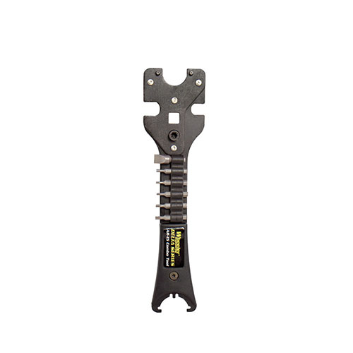 The Wheeler Basic Armorer's Wrench is a durable, multi-functional tool for AR-15 service, featuring hardened steel pins and a ½” drive for torque wrenches.