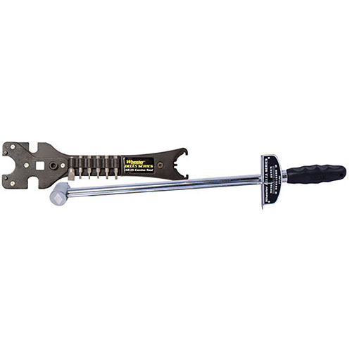 The Wheeler Delta Series AR Combo Tool offers durability with its stamped steel design, versatility with a bit driver and six bits, plus a torque wrench for complete AR-15 maintenance.