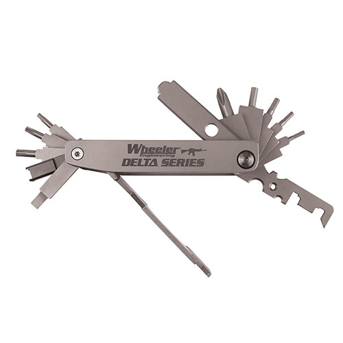 The Wheeler Delta Series Compact AR Multi-Tool is a durable, stainless steel tool with multiple functions, perfect for adjustments and cleaning at the range.