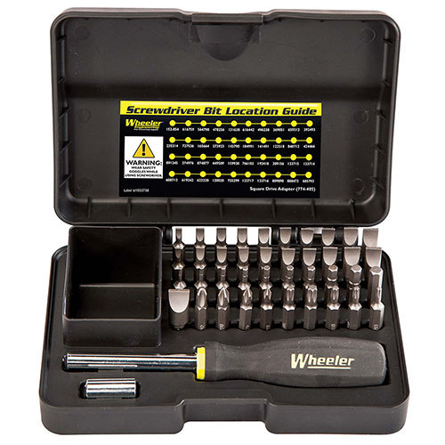 The Wheeler Professional Gunsmithing Screwdriver Set features 43 precisely engineered bits, ensuring a perfect fit for every screw on modern and antique firearms.