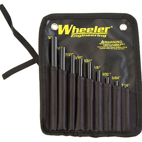 The Wheeler Roll Pin Starter Set features hardened steel punches with hemispherical tips for precise alignment, preventing damage to your firearm. 9 sizes included.