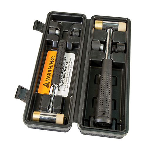 The Wheeler Master Gunsmith Interchangeable Hammer Set features 2 durable hammer bodies and 8 versatile faces in metal, brass, nylon, and rubber for precise gunsmithing.