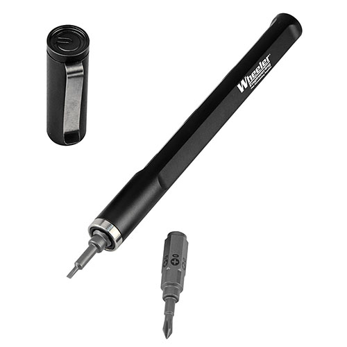The Wheeler Micro Multi-Driver Tool Pen offers a comfortable grip, holds 5 bits for quick access, and includes a holder for 12 extra bits, perfect for gunsmithing tasks.
