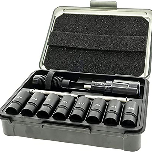 The Frankford Arsenal Universal Bullet Seating Die offers precise micro-adjustments for .224 to .338 caliber bullets, featuring a standard 7/8 x 14 thread and a molded case.