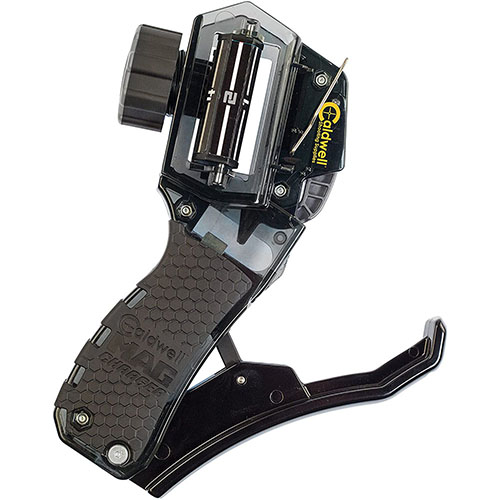 The Caldwell Mag Charger Universal Pistol Loader efficiently loads various magazines, featuring adjustable shims for a secure fit and durable polycarbonate construction.