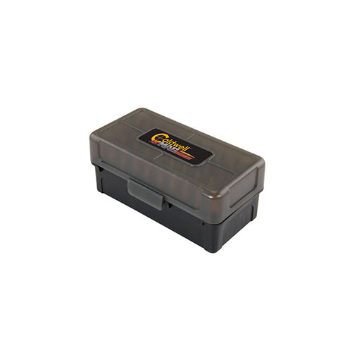 The Caldwell AK Mag Charger Ammo Box holds 50 rounds, features a removable lid for easy access, and is made from durable polymer for long-term storage.