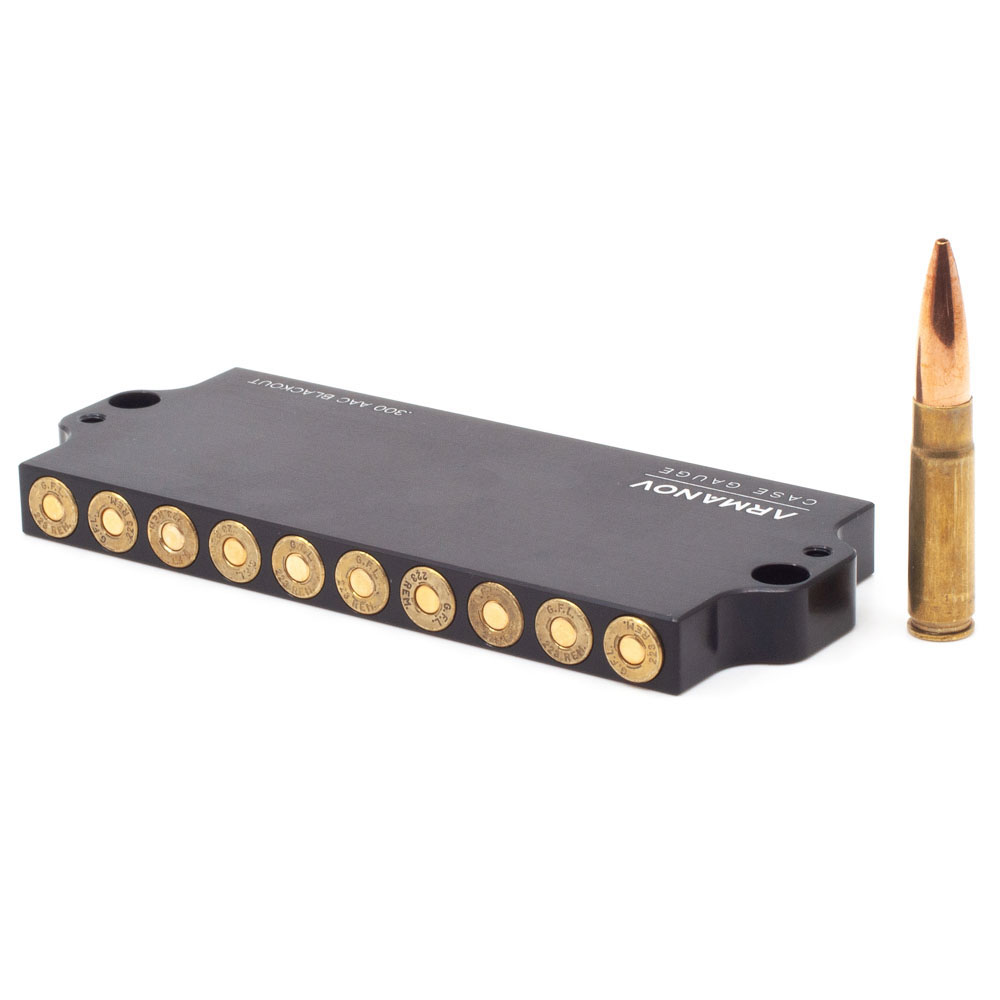 The ARMANOV Case Gauge offers precision sorting for .223 REM and .300 AAC Blackout ammo, is stackable, and speeds up testing with 10 round pockets.