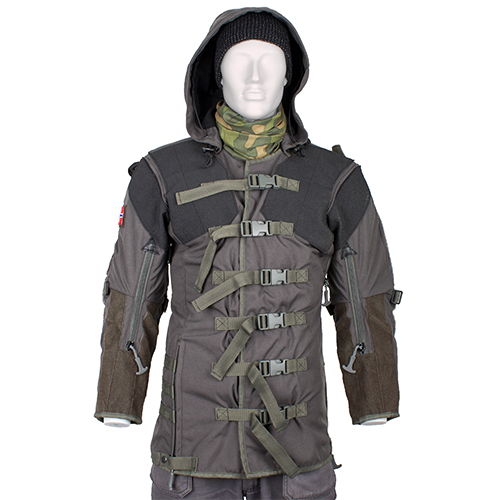 The ULFHEDNAR Shooting Jacket PRS offers adjustable compression straps for support, durable Kevlar trimmings, spacious pockets, and a hood for optimal performance.