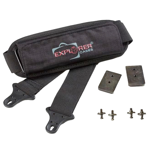 Enhance your carrying comfort with the EXPLORER CASES Adjustable Shoulder Kit, featuring a durable strap, metal plates, and compatibility with various models.