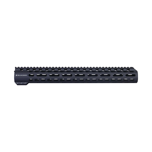 The SCHMEISSER Handguard Free Float M-Lok combines high-quality aluminum with steel inserts for durability, stability, and precision, featuring a sleek Slim-Line design.