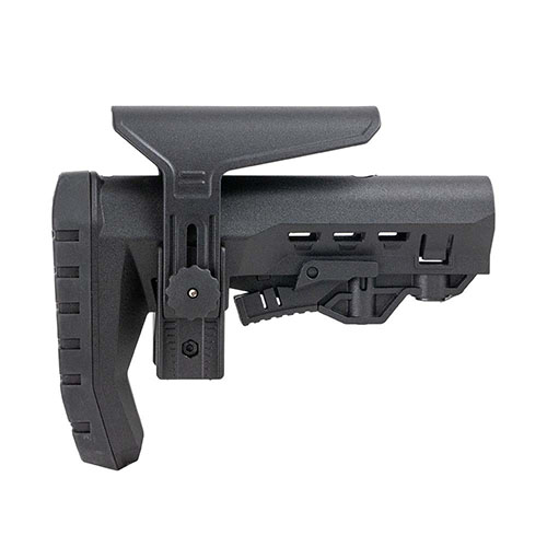The Breacher AR-15 Stock offers adjustable length of pull, QD sling mounts, a cheek riser, and a lightweight design for enhanced shooting comfort and versatility.