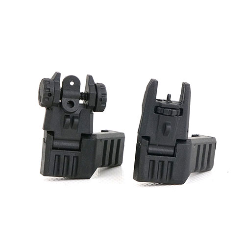 The Offset AR-15 Flip-Up Sight Set offers toolless elevation adjustments, low-profile front sight, and rear sight adjustments for precise aiming in tactical situations.