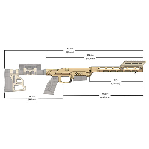 The MDT LSS-XL Gen 2 Chassis offers an extended forend, compatibility with AR carbine stocks, and fits Howa 1500 and Weatherby Vanguard Short Action rifles.