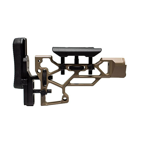 The MDT Skeleton Rifle Stock V5 Short offers toolless adjustments for optimal comfort, with customizable cheek riser and buttpad fit for TAC21, LSS-XL, and HS3 chassises.