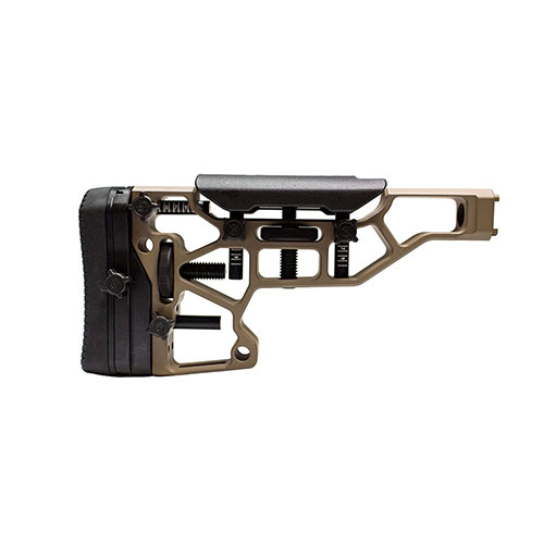 The MDT Elite Fixed Rifle Stock features toolless adjustments for cheek riser and buttpad, ensuring optimal comfort and fit for ACC and ESS chassises.