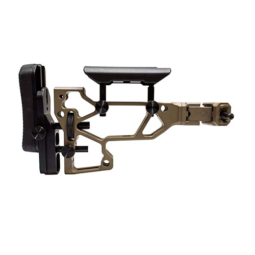 The MDT Folding Rifle Stock offers toolless adjustments for ultimate comfort, a compact design for optimal LOP, and compatibility with ACC/ESS chassises.