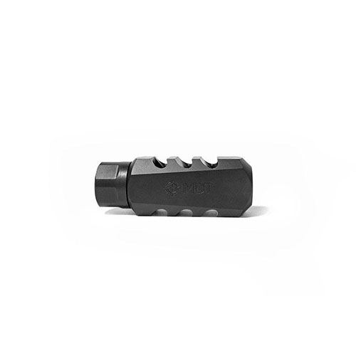 The MDT Elite Muzzle Brake reduces recoil by up to 66%, enhancing shot speed and accuracy, featuring a streamlined design and adjustable lock nut for perfect alignment.