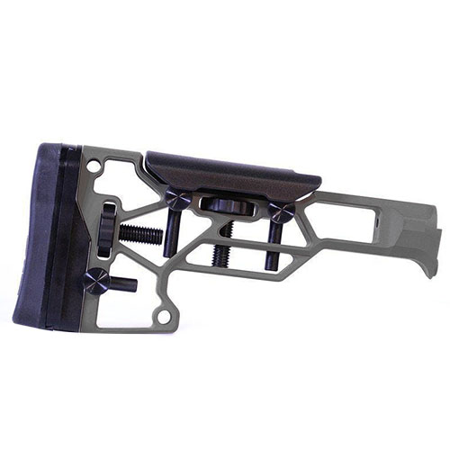 The MDT Skeleton Rifle Stock offers toolless adjustments for optimal comfort, ensuring a perfect fit with horizontal, vertical, and cant adjustments for enhanced shooting performance.