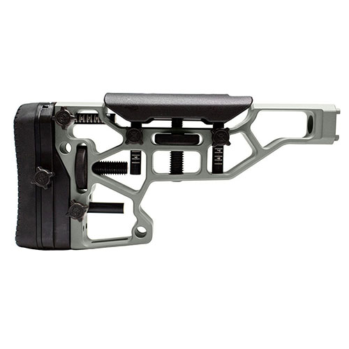 The MDT Elite Fixed Rifle Stock offers toolless adjustments for cheek riser and buttpad, ensuring optimal comfort and fit for ACC and ESS chassises.