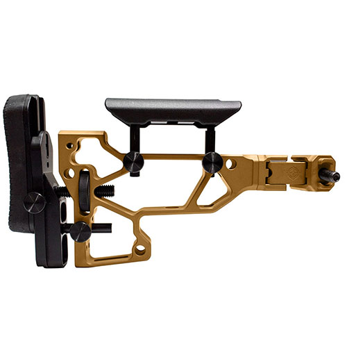 The MDT Folding Rifle Stock offers toolless adjustments for optimal comfort, a compact design for proper LOP, and compatibility with ACC/ESS chassises.