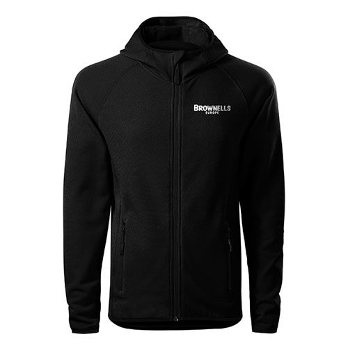 The Brownells Europe Fleece Unisex jacket offers quick-drying stretch fabric, athletic fit, unrestricted mobility with raglan sleeves, and a durable hood for ultimate comfort.