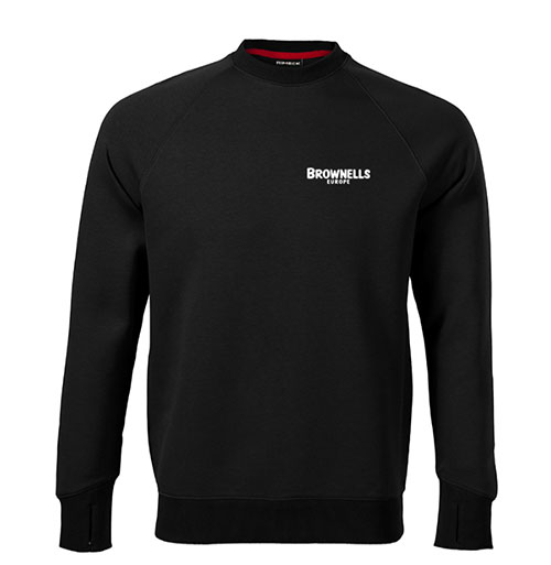 The Brownells Europe Sweatshirt offers a structured fit, durable raglan sleeves, and thumbhole cuffs for warmth, perfect for active wear enthusiasts.