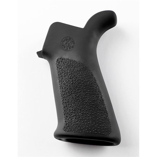 The Hogue Overmolded Rubber Beavertail Grip offers comfort with gentle palm swells, a Cobblestone texture for grip, and durability against oils and solvents.
