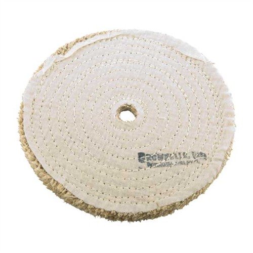 The Brownells Sisal Polishing Wheel features 7 plys of woven jute for aggressive metal and rust removal, with a durable spiral stitched design for long-lasting use.