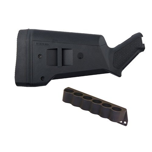 The MOSSBERG 500 SGA Buttstock features customizable length, ergonomic grip, and a 6-rd shotshell holder for fast reloads, enhancing tactical performance.