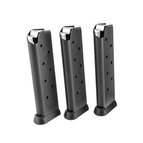The Brownells Gen2 1911 45 ACP magazines feature durable stainless steel, anti-tilt follower, corrosion-resistant Xylan coating, and easy disassembly for reliability.