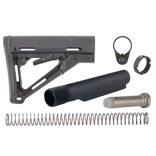 The Brownells AR-15 CTR Stock Assy offers a friction lock for stability, fast length adjustments, and a durable design, fitting Mil-Spec buffer tubes for reliable performance.