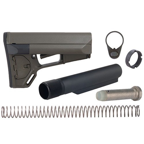 The Brownells AR-15 ACS Stock offers enhanced storage, a secure cheekweld, dual-locking lever, and streamlined design for tactical efficiency and comfort.