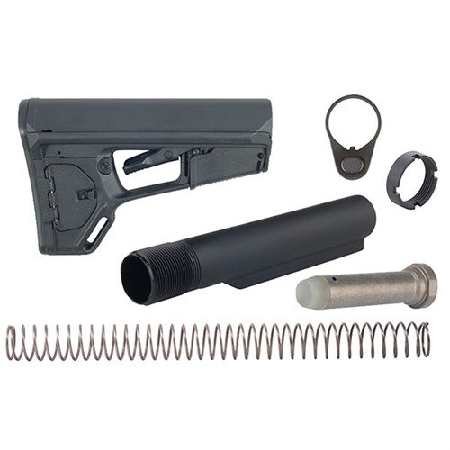 The Brownells AR-15 ACS-L Stock offers lightweight maneuverability, a secure cheekweld, storage options, and a friction locking system for stability.