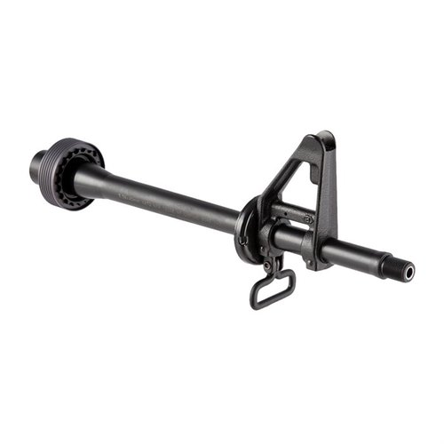 The Brownells Retro A1 Barrel Assembly features a chrome-lined 5.56 NATO chamber, durable 4150 steel construction, and includes essential components for authentic builds.