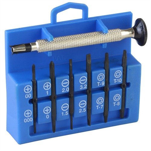 The Brownells 12-in-1 Precision Miniature Screwdriver Set features essential Phillips, slotted, and TORX bits to tackle a wide range of miniature screws.