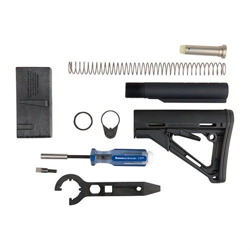 The Brownells AR-15 CTR Stock Assembly includes everything needed for easy installation, featuring a Magpul CTR stock, buffer tube, and essential tools.