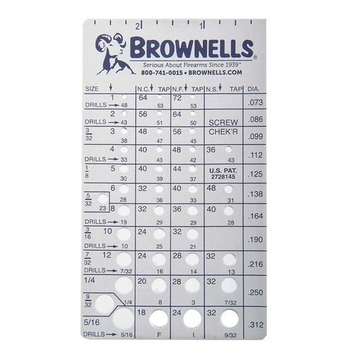 The Brownells Screw Chek'r accurately identifies screw sizes and thread pitches, featuring durable construction and user-friendly design for efficient measurements.