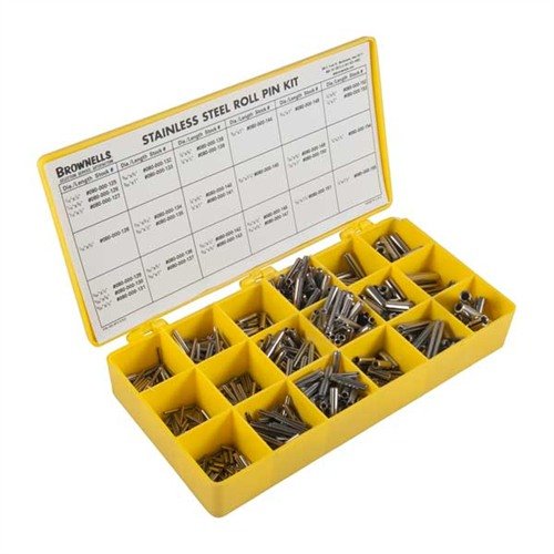 The Brownells Stainless Steel Roll Pin Kit offers 850 durable pins in 8 sizes, perfect for gunsmithing and versatile shop tasks without threading or taping.